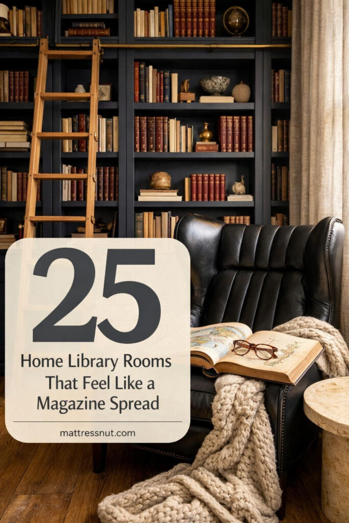 Elegant home library featuring floor-to-ceiling wooden bookshelves, leather armchair, brass reading lamp, and Persian rug