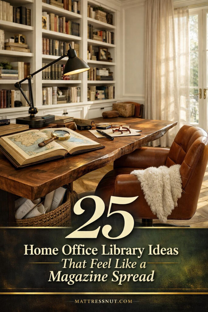 Sophisticated home workspace featuring floor-to-ceiling built-in bookshelves, wooden desk, leather chair, and warm lighting