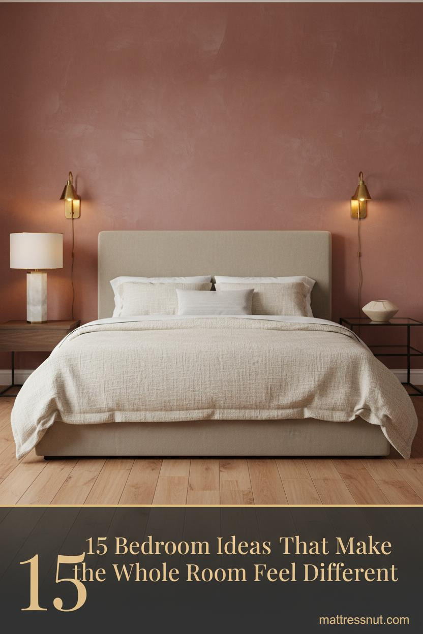 Romantic couple bedroom with dusty-rose limewash wall, cream linen bedding, brass sconces casting warm amber glow, and walnut nightstand