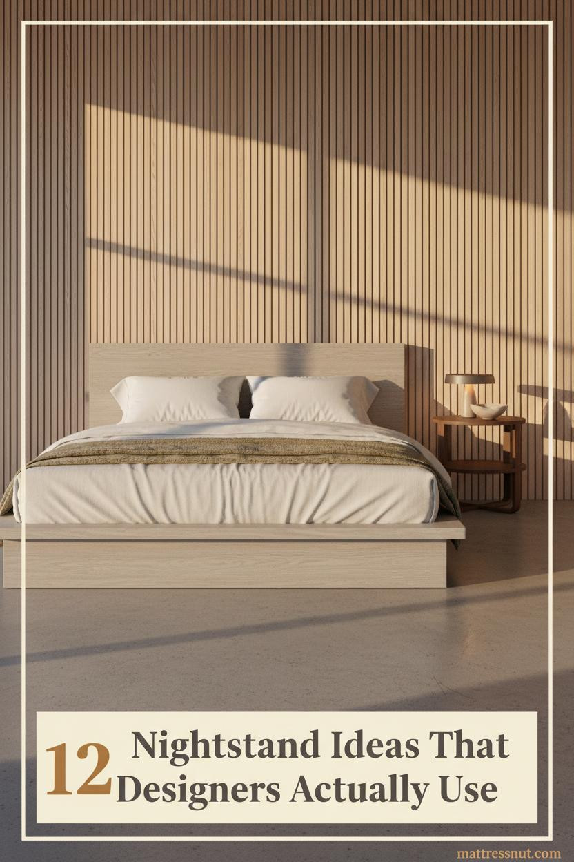 Japandi bedroom with low ash wood nightstand, ivory linen bedding, ceramic vessel, slatted wall panels, and warm amber bedside lamp light