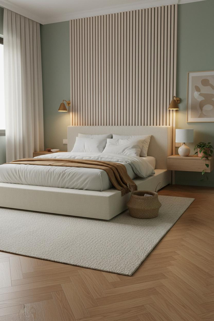 Japandi Small Bedroom Sage Walls Wood Slats