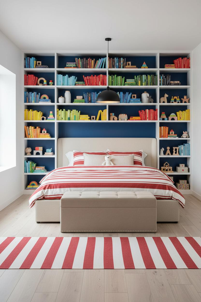 Kids Bedroom Cobalt Scandi Design with Library Shelving