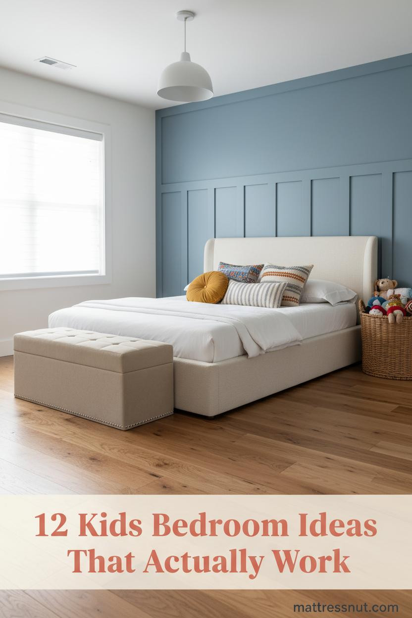 Kids bedroom with dusty blue board-and-batten wall, honey oak floors, cream bedding, colorful pillows, low-profile bed, and woven toy basket