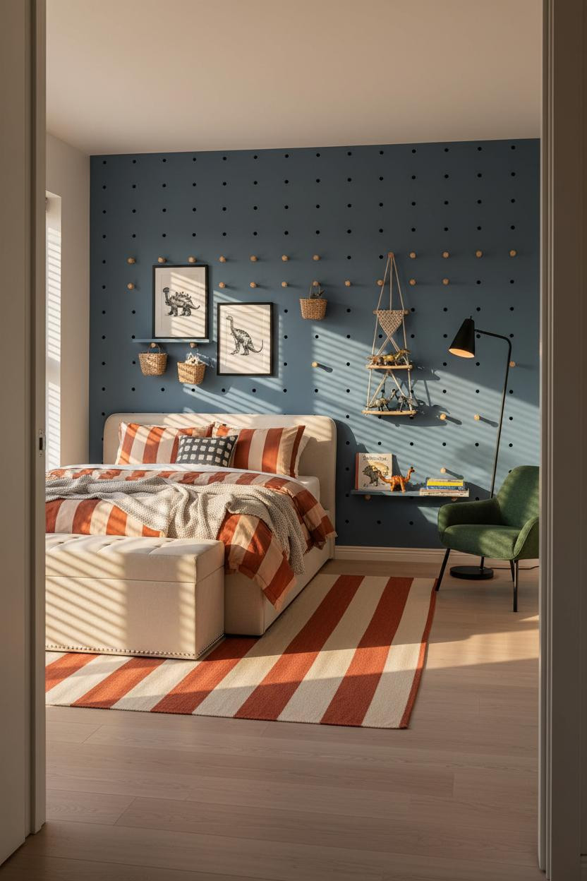 Kids Room Design Scandi Modern Bedroom with Blue Pegboard