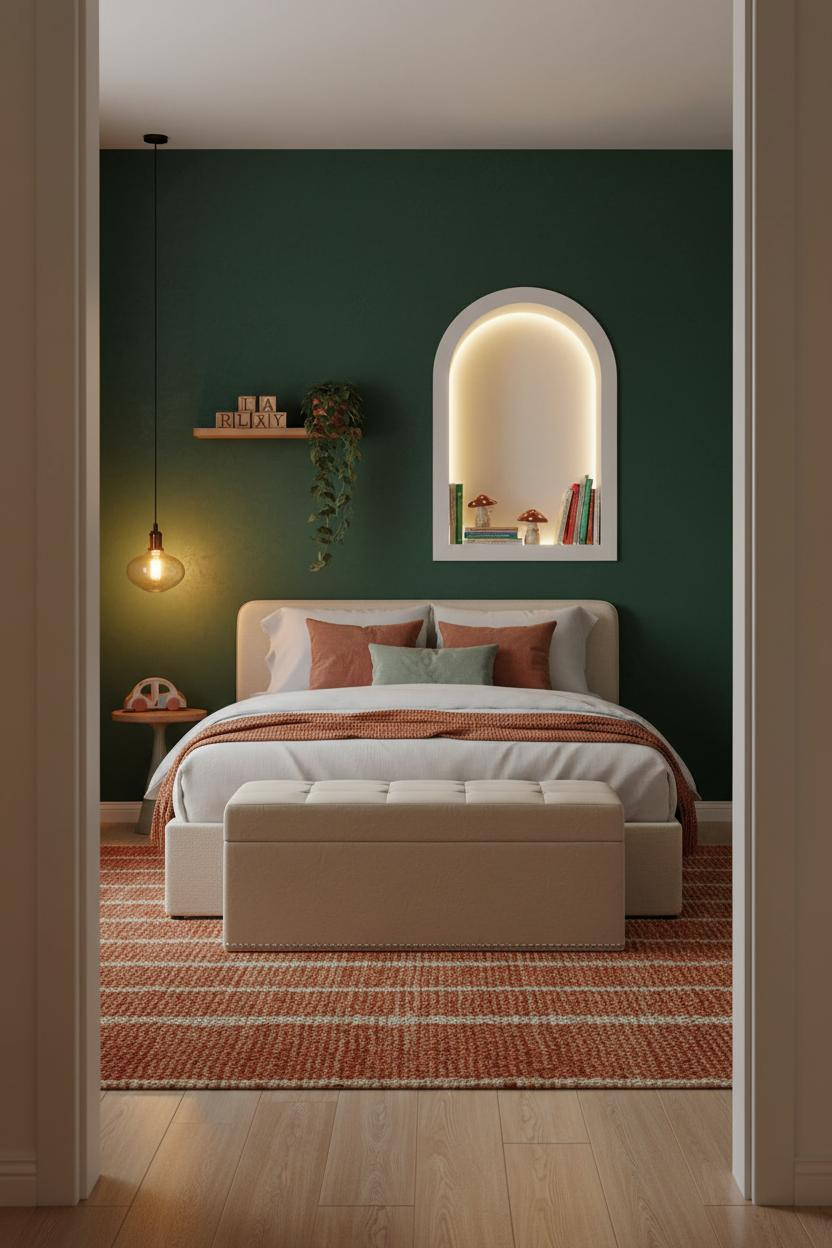 Kids Room Design Bold Green Accent Wall and Reading Nook