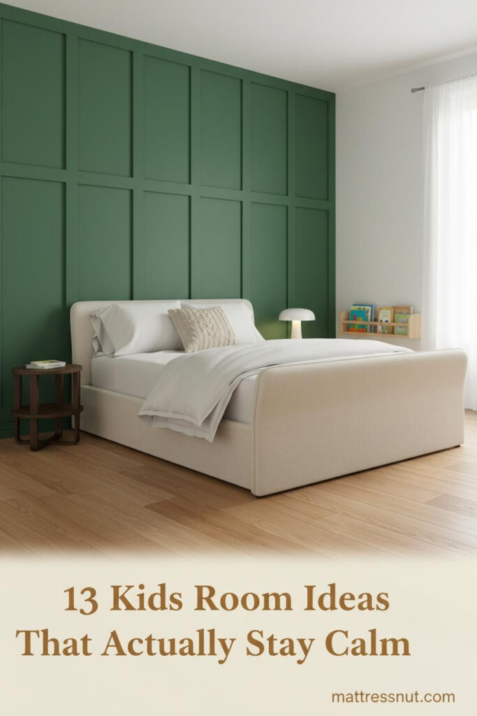 Scandi-modern kids room with forest green board-and-batten wall, birch bed frame, ivory bedding, and honey oak flooring in soft natural light