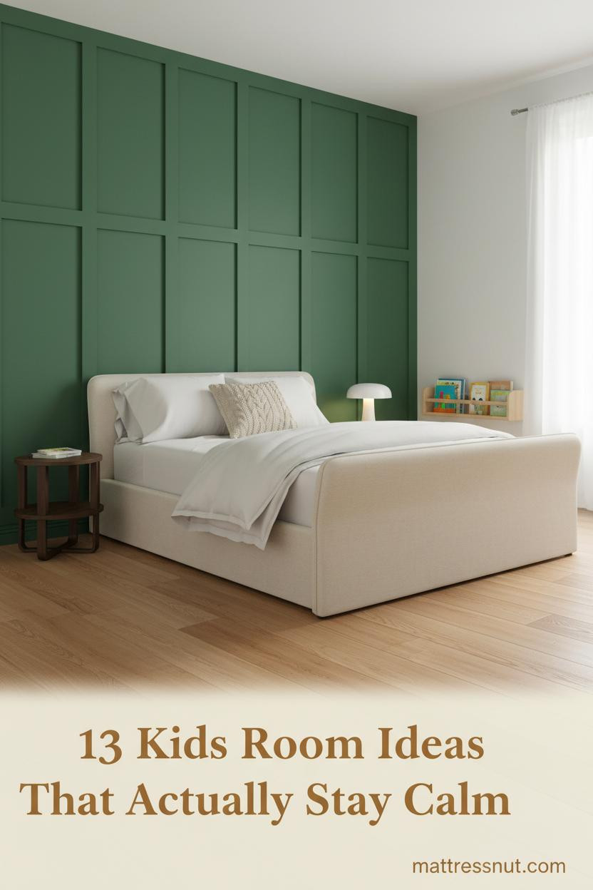 Scandi-modern kids room with forest green board-and-batten wall, birch bed frame, ivory bedding, and honey oak flooring in soft natural light