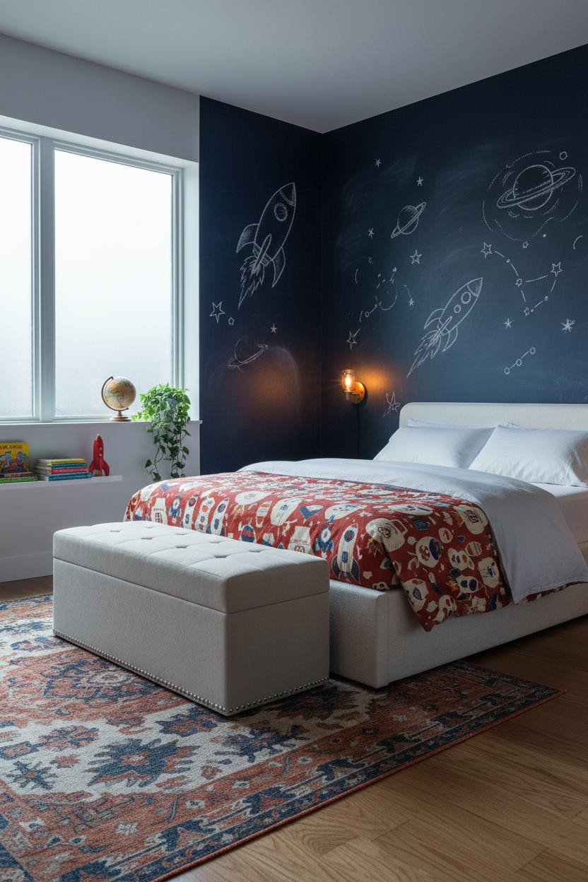 Kids Room Design Navy Chalkboard Wall and Oak Flooring