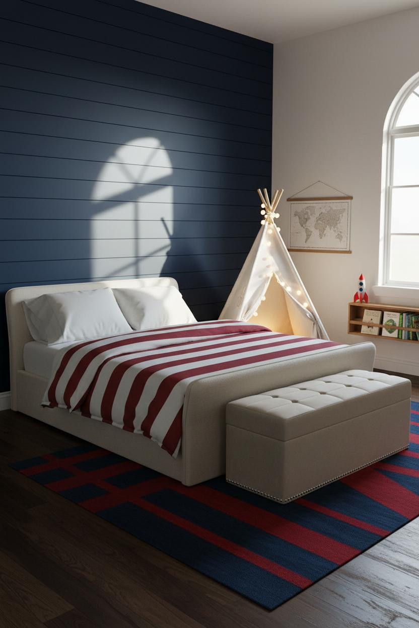 Kids Room Design Navy Shiplap and Adventure Tent
