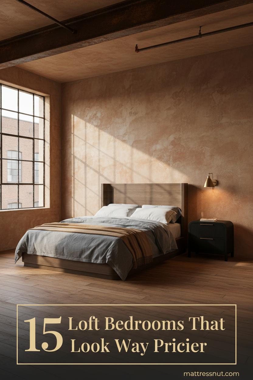 Industrial loft bedroom with steel I-beams, clay plaster walls, reclaimed hardwood floors, slate linen bedding, camel throw, and brass wall sconce