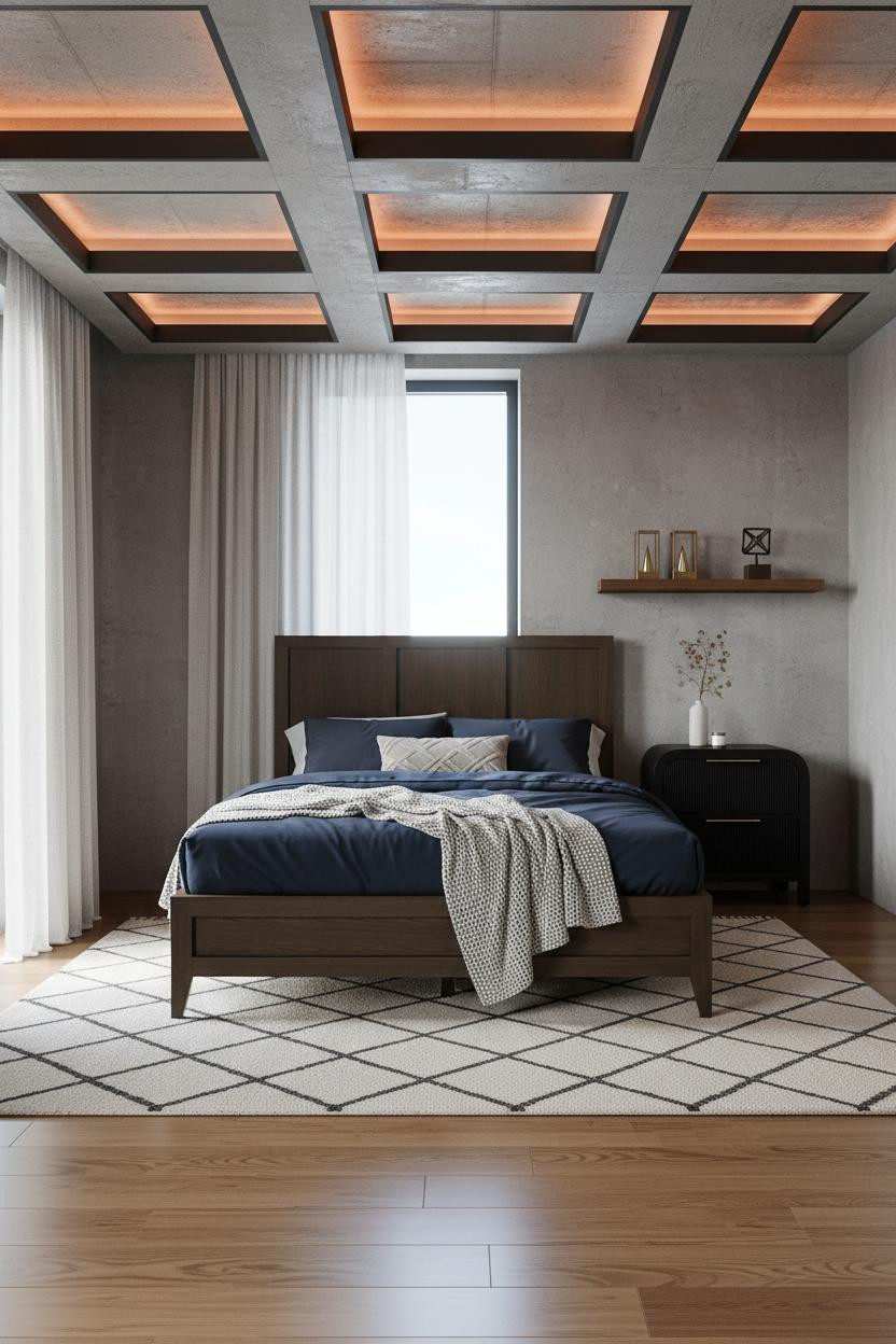 Loft Bedroom Adults Coffered Ceiling Modern