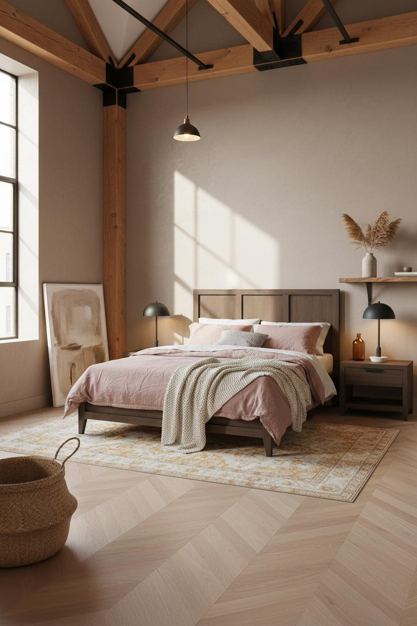 Loft Bedroom Adults Timber Beams Herringbone