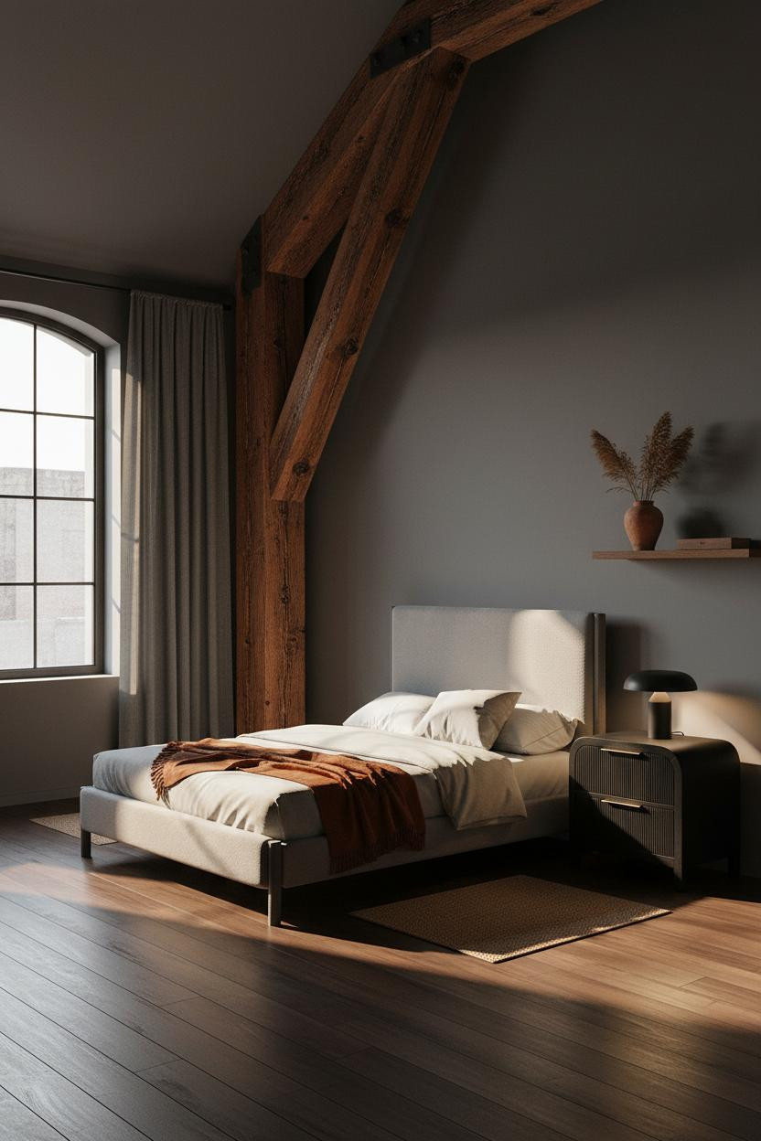 Loft Bedroom Exposed Beam Charcoal Walls