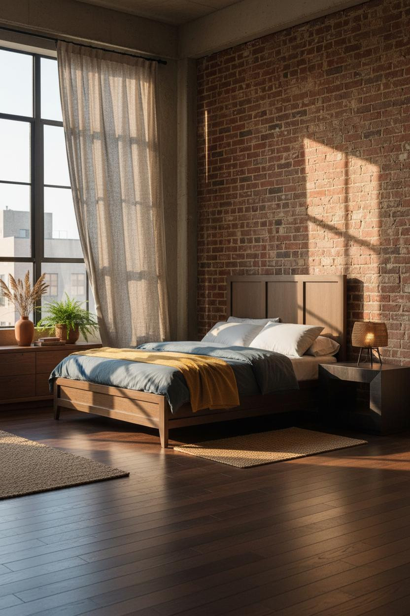 Loft Bedroom Exposed Brick Golden Light