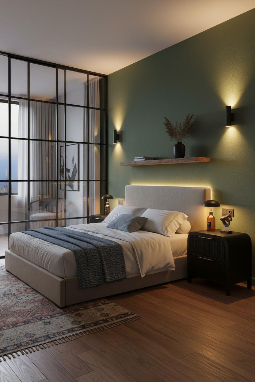 Loft Bedroom Glass Partition Green Walls