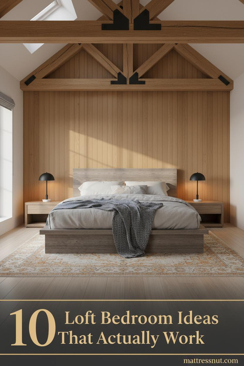 Vaulted loft bedroom with exposed timber trusses, honey board-and-batten wall, grey linen bedding, steel blue throw, and warm amber lamp glow