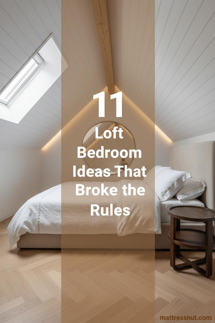 Cozy loft bedroom with sloped white tongue-and-groove ceiling, dormer window, maple herringbone floors, and oatmeal linen bedding.