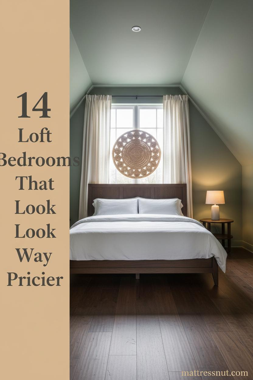 Japandi loft conversion bedroom with sage green plaster sloped ceiling, walnut floors, dormer window, cream linen curtains, and warm layered lighting