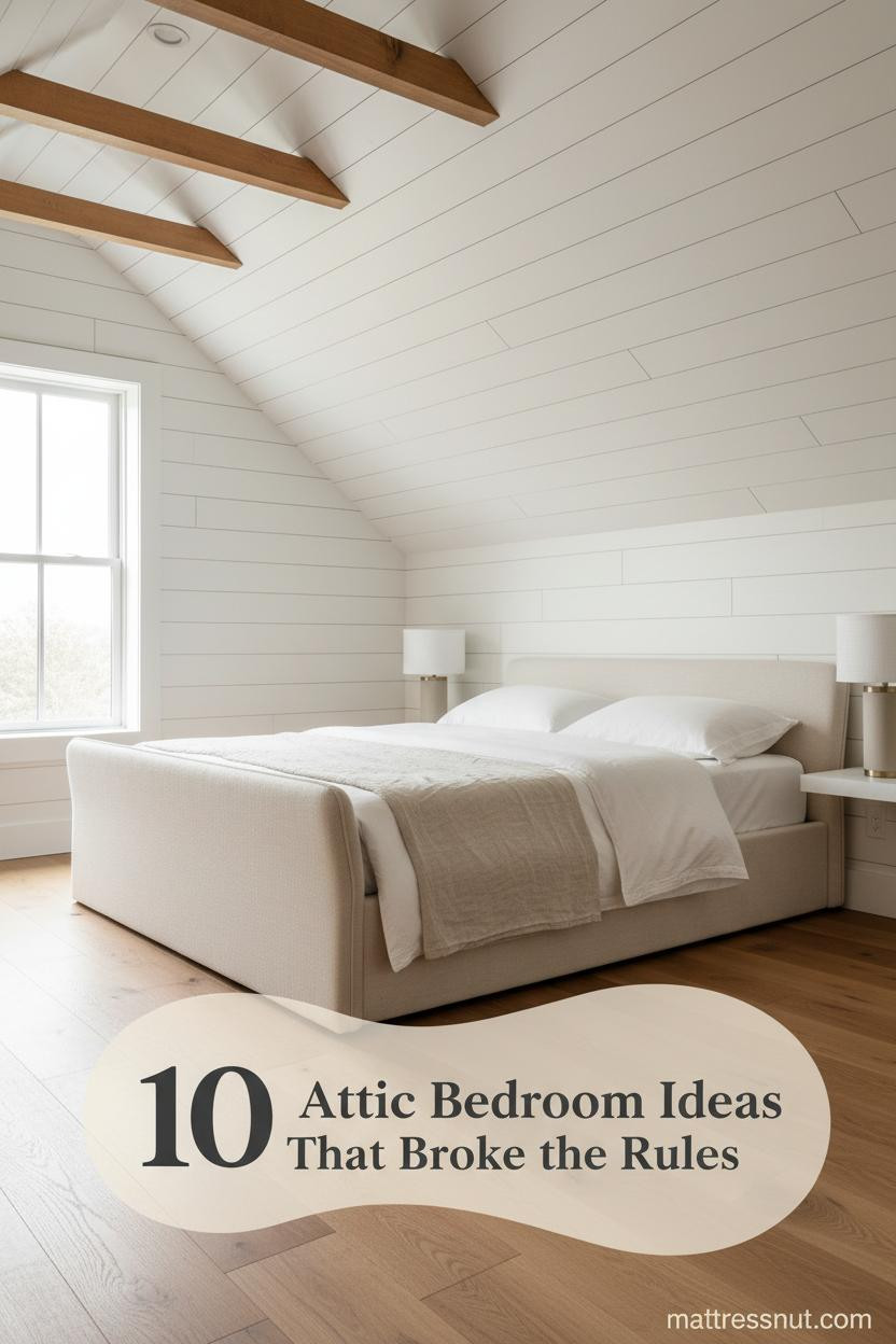 Cozy low attic bedroom with whitewashed shiplap pitched ceiling, oak floors, ivory platform bed, linen throw, and warm ceramic lamp on floating shelf