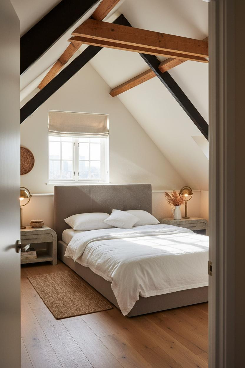 Low Attic Bedroom Slanted Walls Exposed Beams