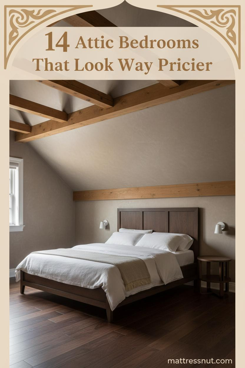 Attic bedroom with honey-toned oak beams, pale taupe limewash sloped ceiling, walnut floors, cream bedding, and warm sconce lighting at eave level