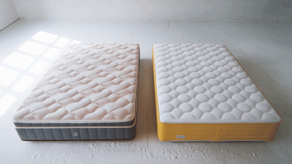 Two foam mattresses side by side for comparison on clean white floor