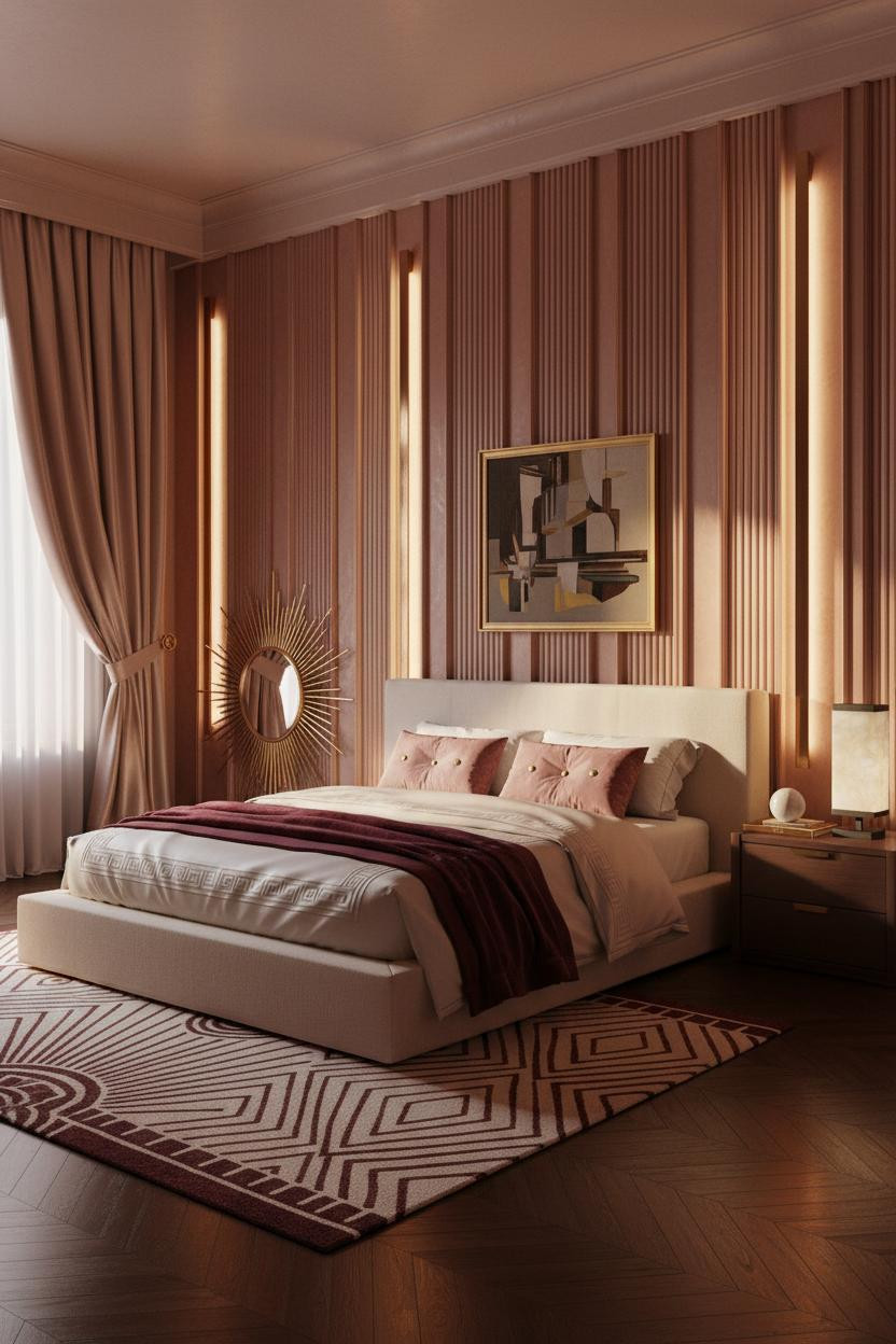 Bright, airy master bedroom with neutral bedding, soft cream walls, warm wood bedframe, and elegant bedside lamp creating a cozy yet luxurious romantic retreat with natural daylight.