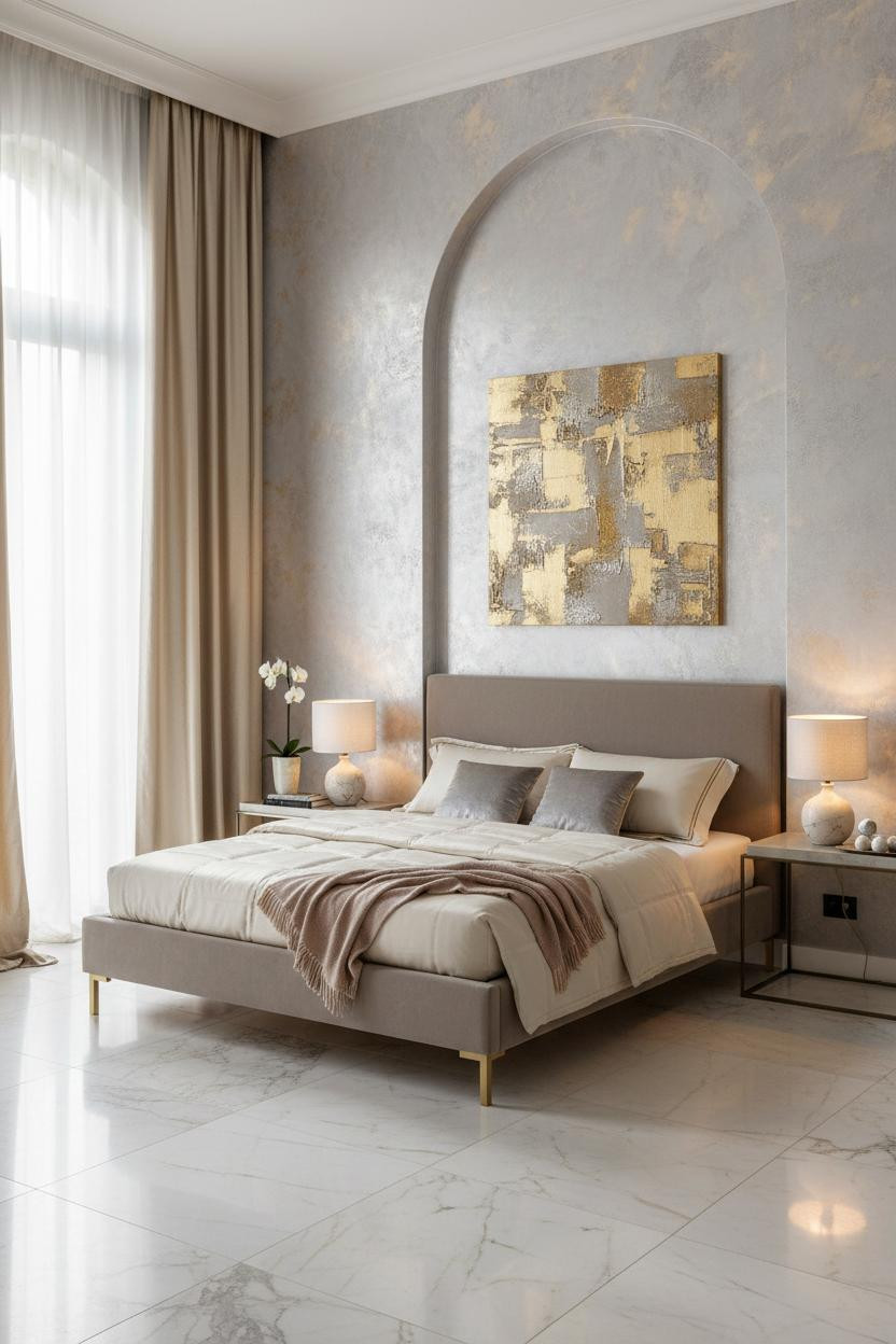Bright, airy master bedroom with cream bedding, soft natural light from windows, elegant bedside lamp, warm wood flooring, and neutral luxury bedroom decor in modern romantic style.