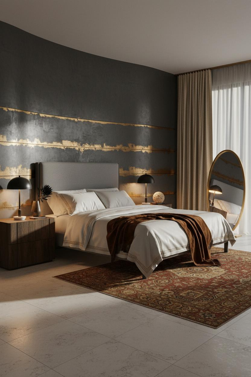 Bright, airy master bedroom with modern bed frame, elegant bedside lamp, soft neutral bedding, warm natural light from window, cream walls, and minimalist nightstand styling in contemporary luxury style.