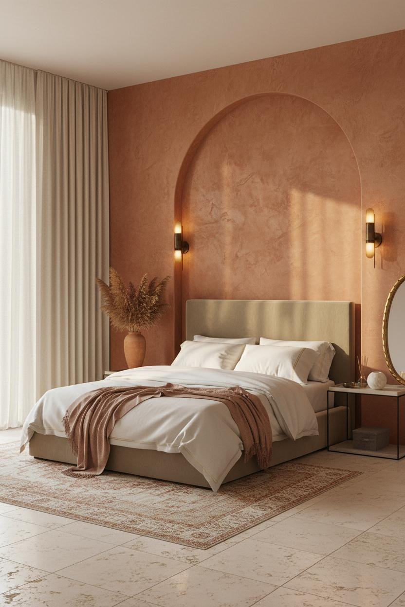 Bright, airy master bedroom with neutral tones, soft cream bedding, brushed brass bedside lamp, natural wood flooring, and warm window light creating a cozy luxurious romantic atmosphere.