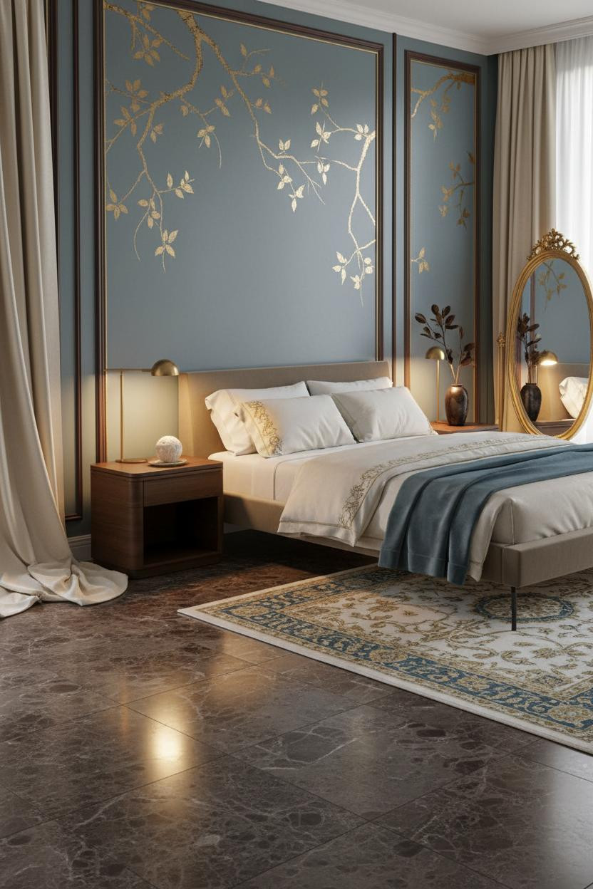 Bright, airy master bedroom with cream bedding on upholstered bed frame, warm wood nightstand, soft neutral palette, natural window light, modern elegant decor.