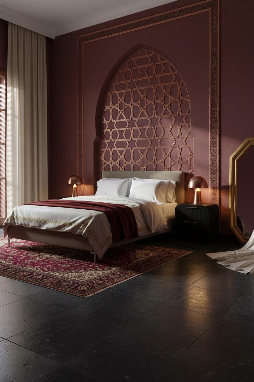 Bright, airy master bedroom with upholstered bed frame, soft neutral bedding, wooden nightstand, warm natural light from windows, cream walls, and elegant minimalist decor.