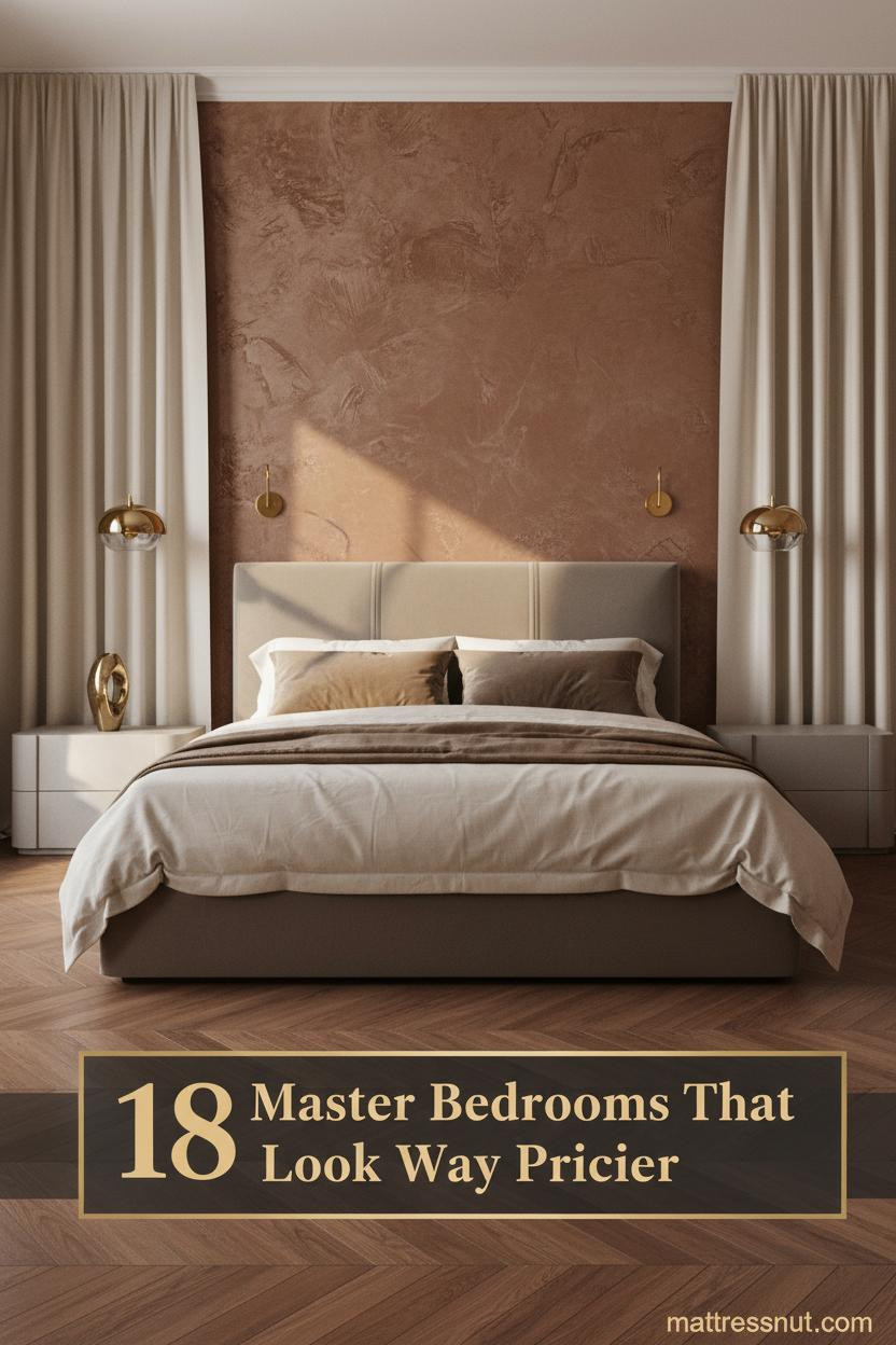 Romantic luxury master bedroom with cognac Venetian plaster wall, walnut herringbone floors, ivory silk drapes, and layered taupe velvet bedding