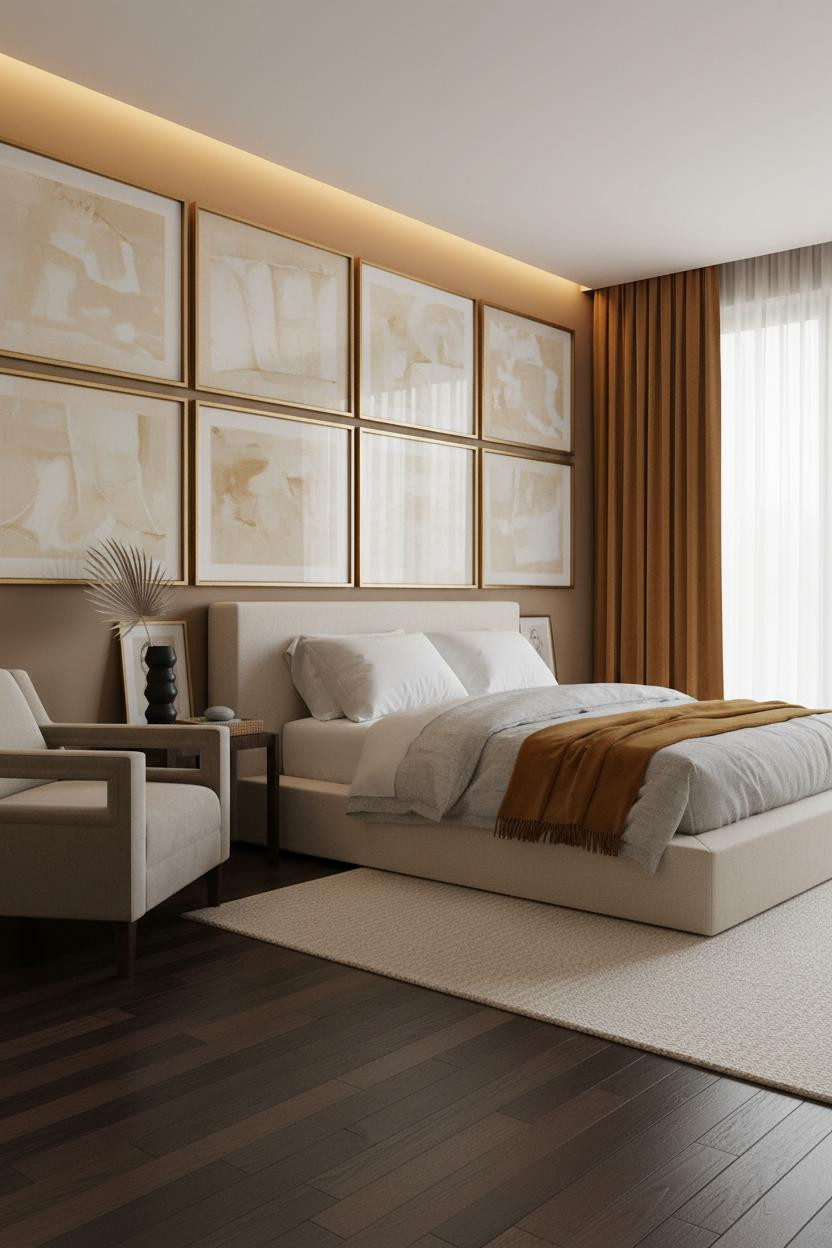 Modern Luxury Bedroom Gallery Wall With Camel Tones
