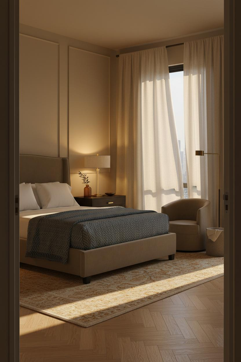 Luxury Bedroom Honey Plaster Herringbone Parquet