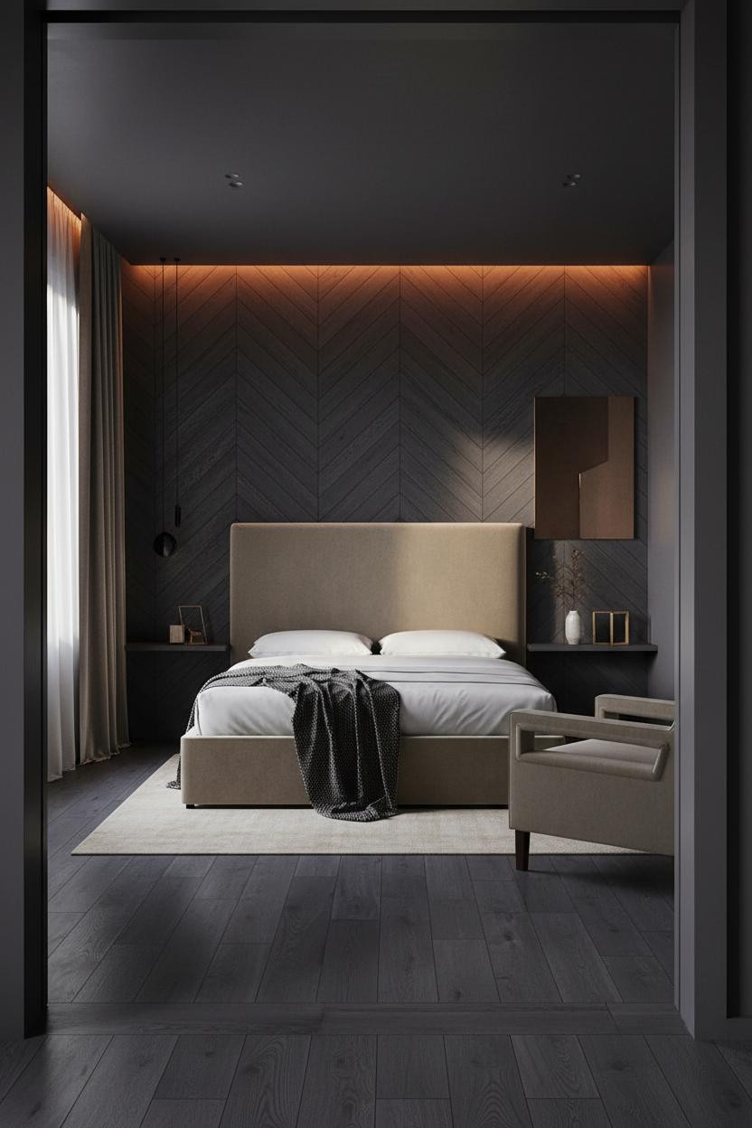 Luxury Bedroom Dark Indigo Modern With Herringbone Wood