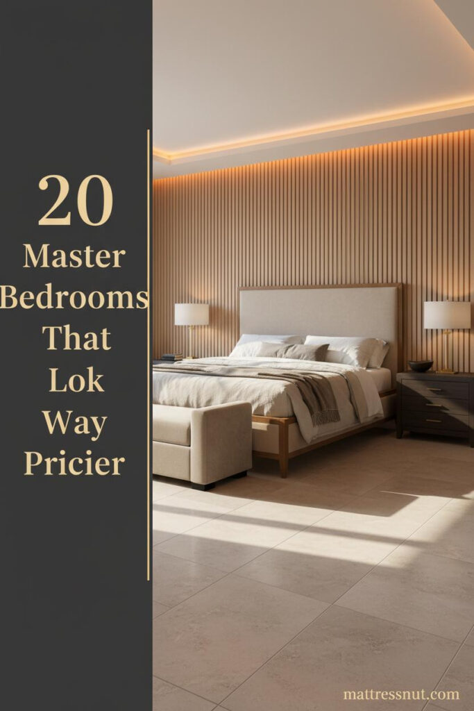 Luxury master bedroom with bleached oak fluted accent wall, ivory linen bedding, taupe cashmere throw, and warm amber cove lighting on limestone floors