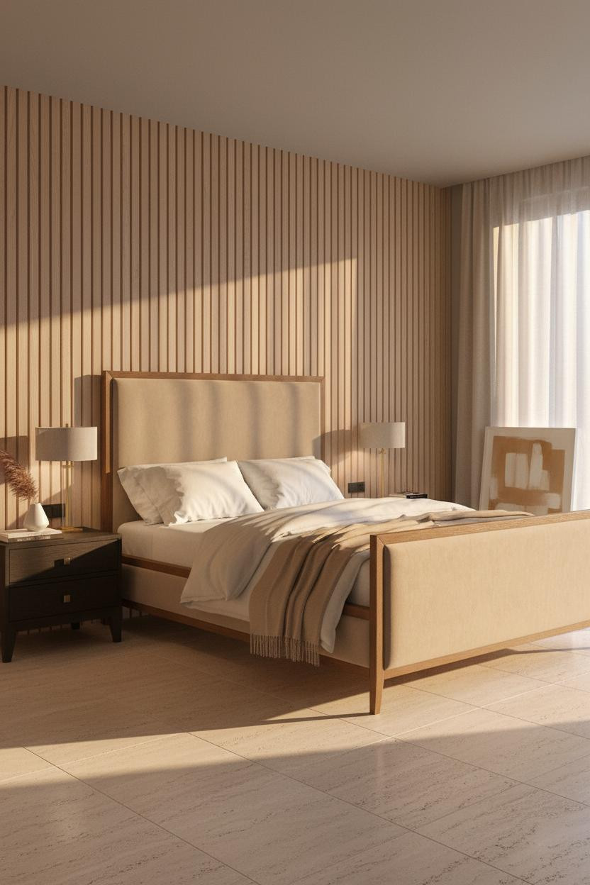 Luxury master bedroom with modern upholstered bed frame, soft neutral bedding, and cushioned bench at foot of bed. Bright natural light, cream and beige tones, contemporary bedroom design.