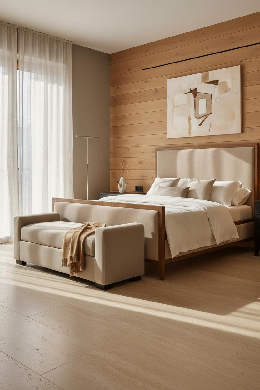 Bright luxury master bedroom with modern upholstered bed frame, soft neutral bedding, cushioned bench at foot of bed, warm natural light from windows, cream and beige color palette, contemporary bedroom design.