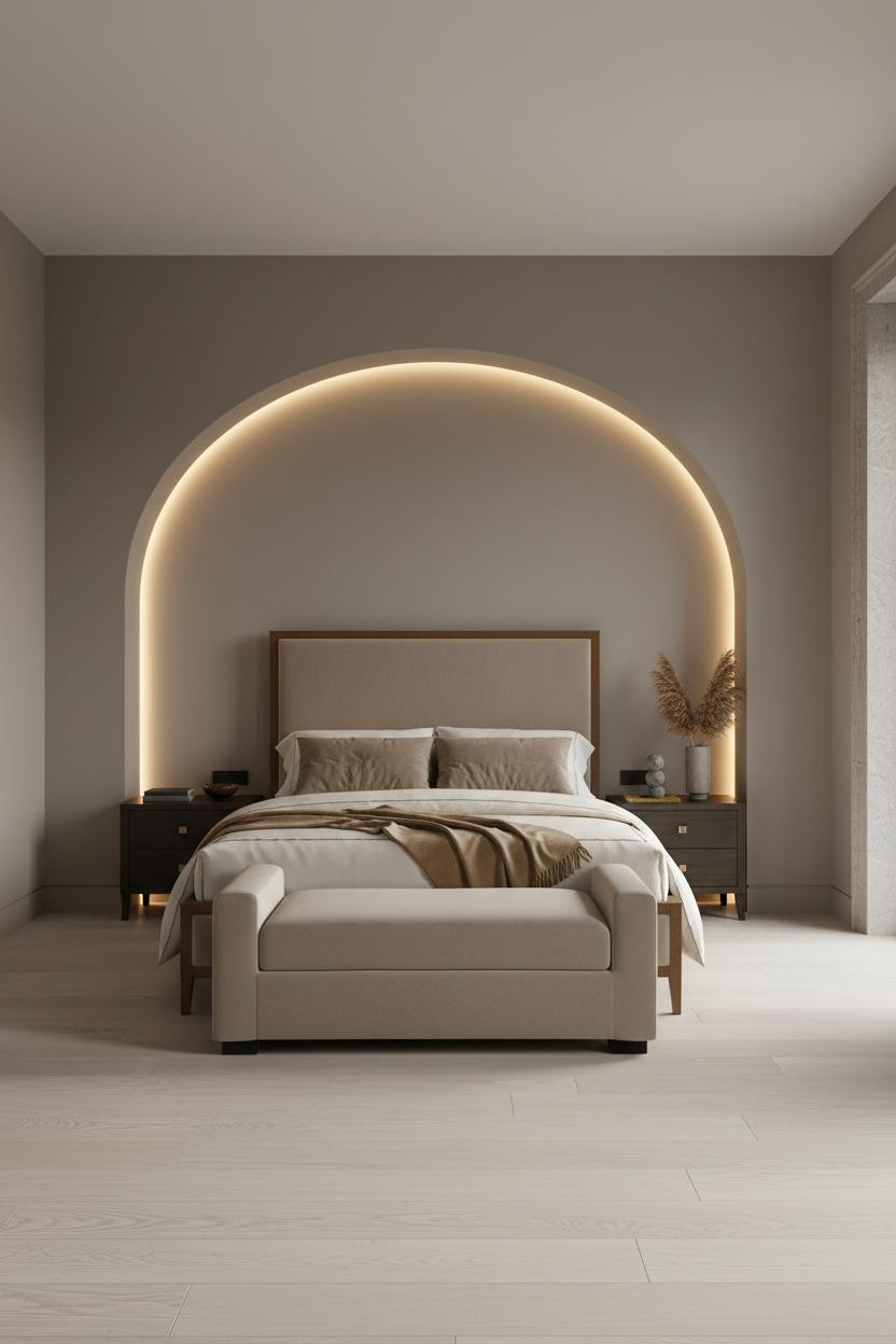 Bright luxury master bedroom with modern upholstered bed frame, soft neutral bedding, cushioned bench at foot of bed, warm wood flooring, and natural window light throughout spacious room.