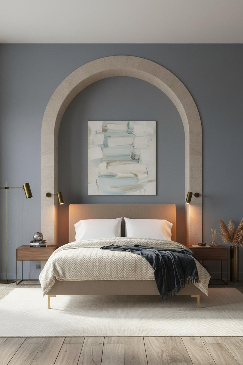 Bright, airy luxury master bedroom with modern upholstered bed frame, soft neutral linens, cushioned bench at foot, warm wood accents, natural window light, contemporary design.