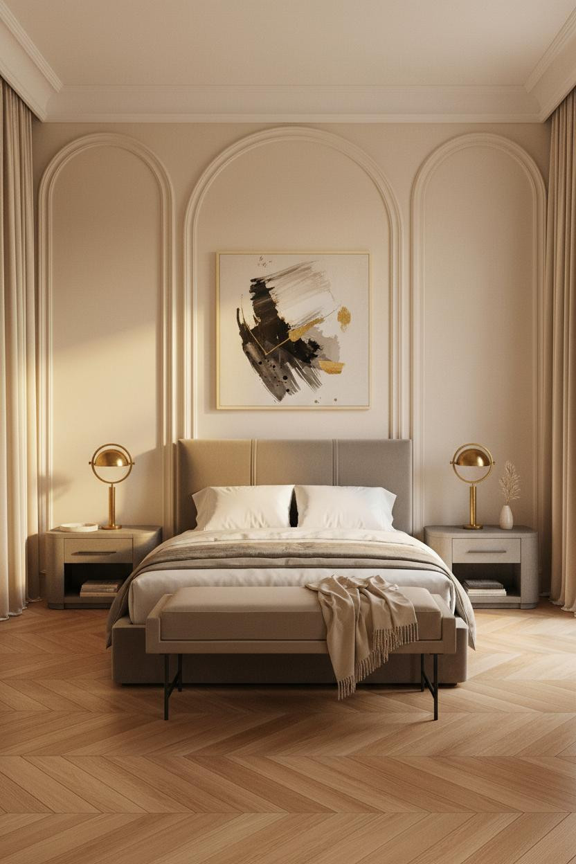 Bright, airy luxury master bedroom with modern upholstered bed frame, soft neutral bedding, cushioned bench at foot of bed, warm natural light from windows, cream and beige color palette, contemporary bedroom design.