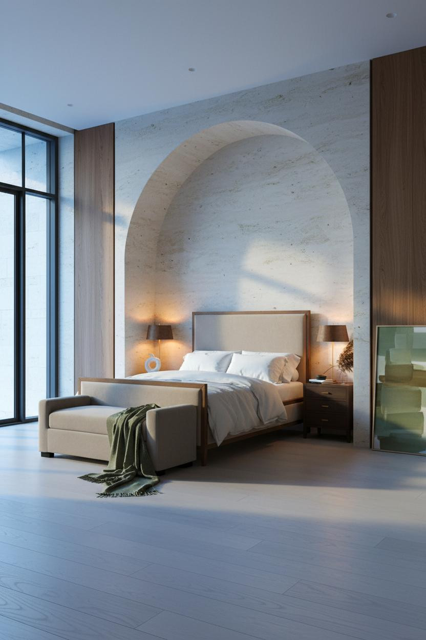 Bright luxury master bedroom with modern upholstered bed frame, soft neutral bedding, matte brass accents, and cushioned bench at foot of bed in warm white and cream tones.