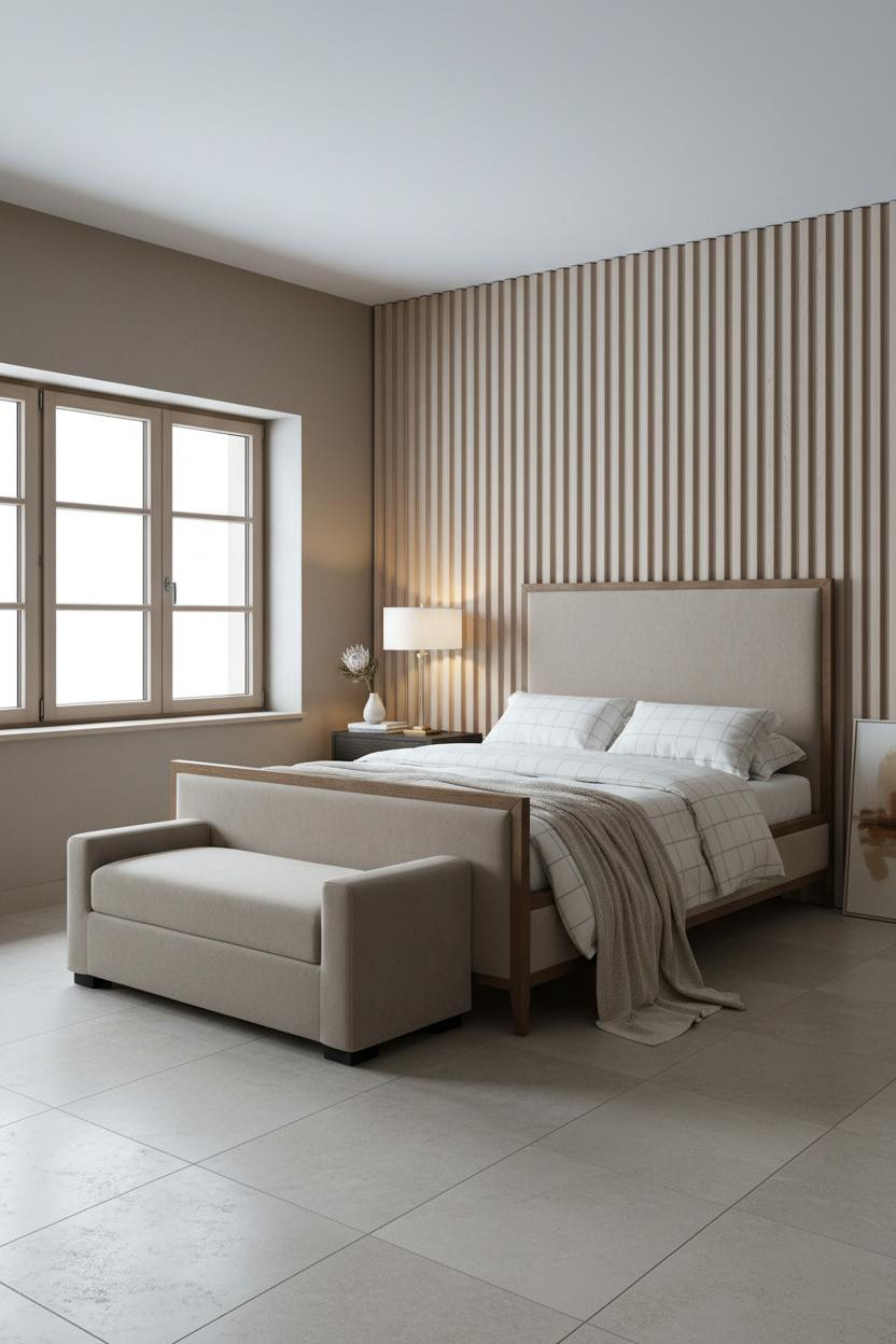 Bright master bedroom with modern upholstered bed frame, cream bedding, soft neutral palette, natural light from windows, cushioned bench at foot of bed, warm wood flooring, minimalist nightstands, calm luxe aesthetic.