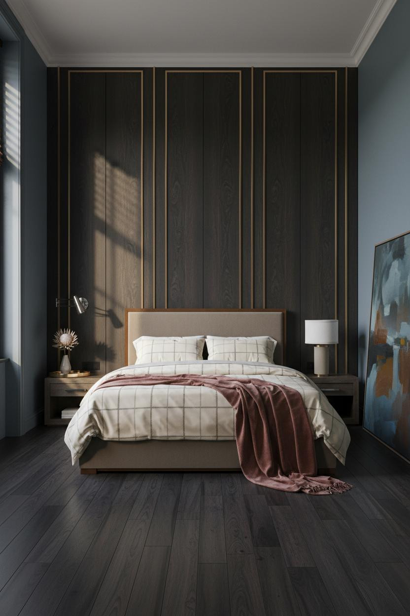 Bright master bedroom with modern luxury bed frame, soft neutral bedding, matte brass bedside lamp, light oak flooring, and airy natural daylight from windows creating a clean, sophisticated bedroom interior.