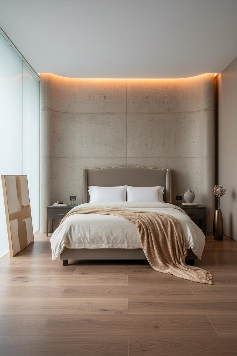 Bright luxury master bedroom with modern platform bed frame, soft neutral bedding, matte brass bedside lamp, light wood nightstand, and clean minimalist decor in warm white tones.