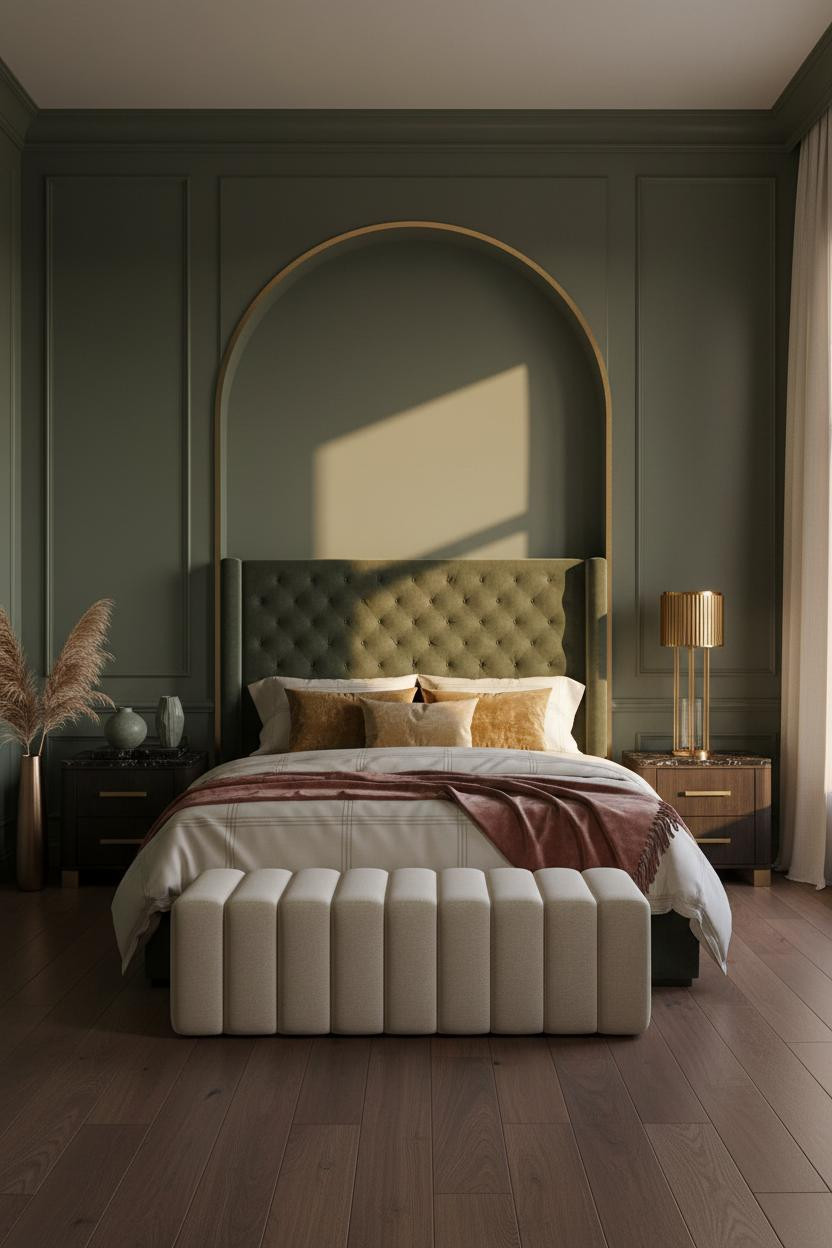 Bright, airy luxury master bedroom with modern upholstered bed frame, soft neutral bedding, channel-quilted ottoman at foot, warm natural light from windows, cream and beige color palette, contemporary bedroom design.