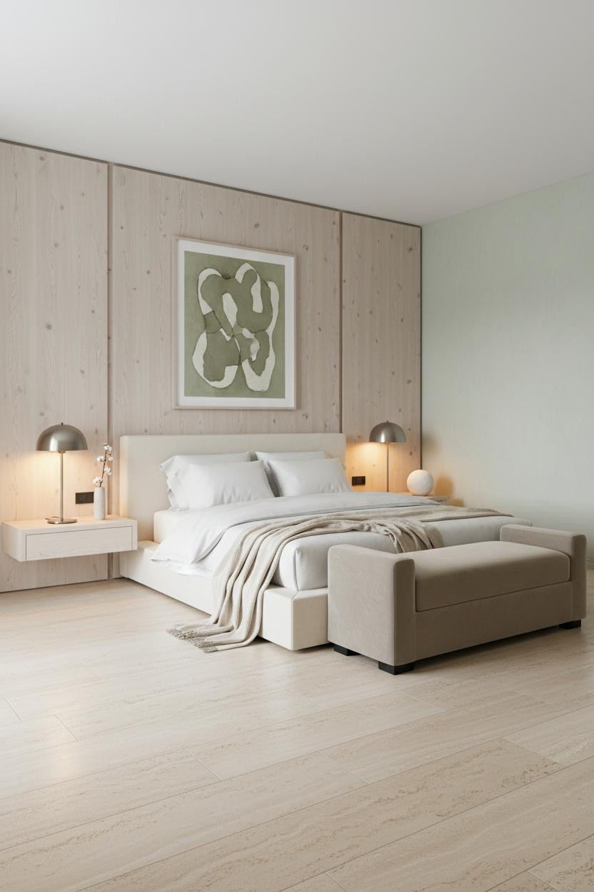 Bright, airy luxury master bedroom with modern bed frame, soft neutral bedding, cushioned bench at foot of bed, warm natural light from windows, clean contemporary design.