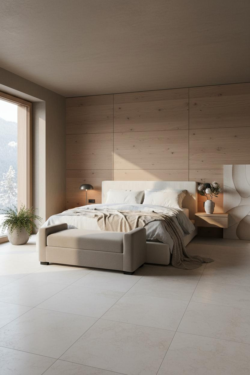 Bright, airy luxury master bedroom with modern bed frame, soft neutral bedding, cushioned bench at foot of bed, warm natural light from windows, cream and beige color palette, contemporary bedroom design.
