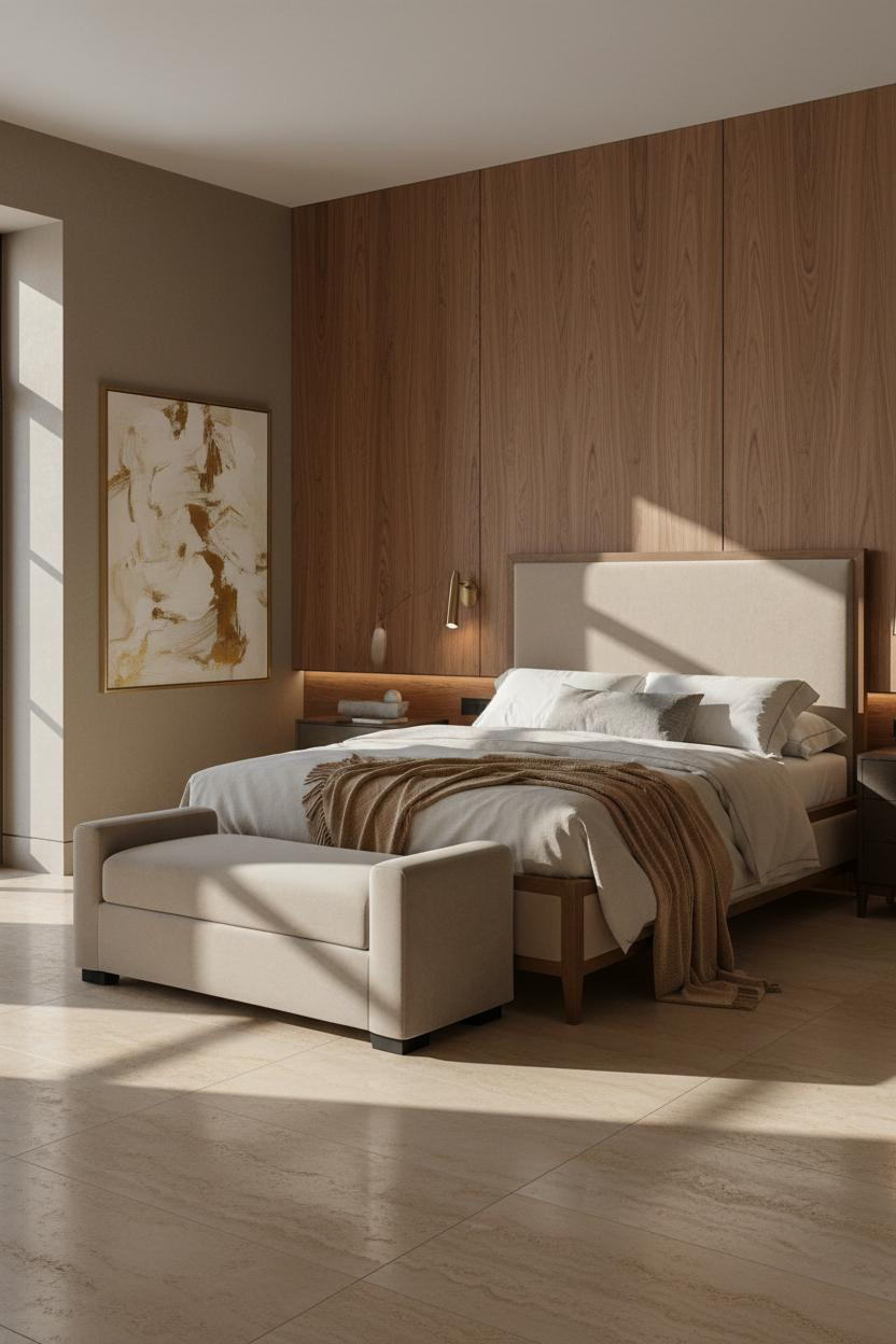 Bright luxury master bedroom with modern upholstered bed frame, soft neutral bedding, cushioned bench at foot of bed, warm natural light from windows, cream and beige color palette.